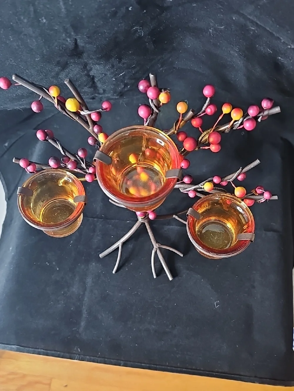 Fall Duo Vintage Amber Glass Tealight Holder Tree with Red  Yellow Berry Accents